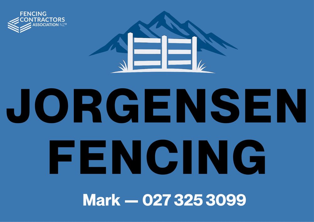 Jorgensen Fencing job sign showing NZFCA membership and Mark's contact number